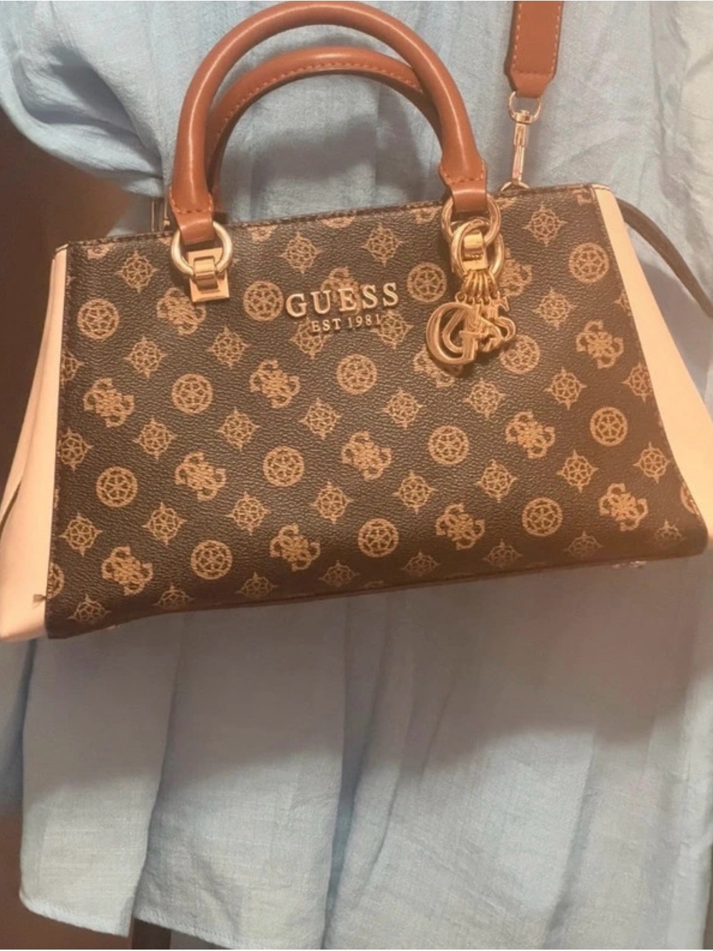 GUESS Brown Logo Monogram Satchel with Cream Panels